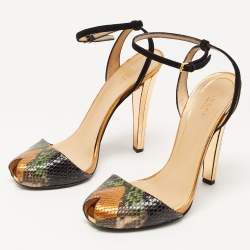 Pre Owned Gucci Multicolor Python and Suede Ankle Strap Peep Toe Sandals Size 39.5