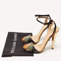 Pre Owned Gucci Multicolor Python and Suede Ankle Strap Peep Toe Sandals Size 39.5