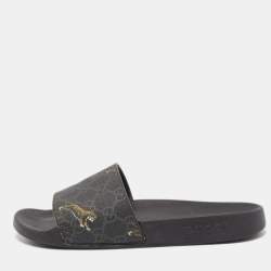 Gucci Black Supreme Canvas Tiger GG Slide Flats Size 36.5