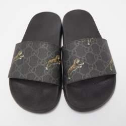 Gucci Black Supreme Canvas Tiger GG Slide Flats Size 36.5
