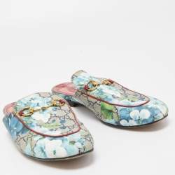 Gucci Grey GG Supreme Blooms Canvas Princetown Horsebit Mules Size 39.5