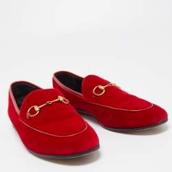 Gucci Red Velvet Jordaan Horsebit Loafers Size 38
