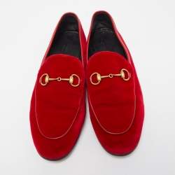 Gucci Red Velvet Jordaan Horsebit Loafers Size 38