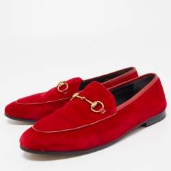 Gucci Red Velvet Jordaan Horsebit Loafers Size 38