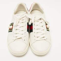Pre Owned Gucci White Leather Faux Pearl Embellished Ace Sneakers Size 36.5