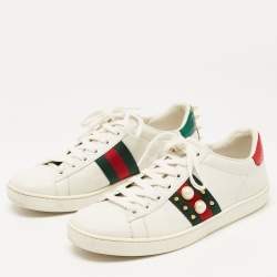 Pre Owned Gucci White Leather Faux Pearl Embellished Ace Sneakers Size 36.5
