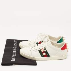 Pre Owned Gucci White Leather Faux Pearl Embellished Ace Sneakers Size 36.5