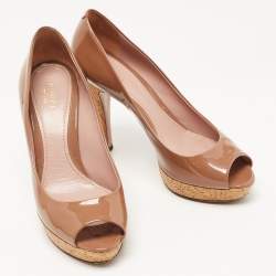 Gucci Brown Patent Leather Cork Platform Peep Toe Pumps Size 37.5