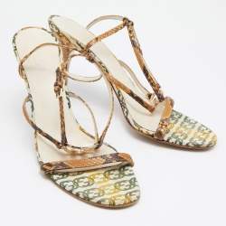 Gucci Brown/Beige Python and Canvas Ankle Strap Sandals Size 40