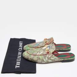 Gucci Grey Canvas Bird Printed Princetown Mules Size 38   