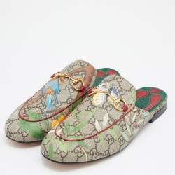 Gucci Grey Canvas Bird Printed Princetown Mules Size 38   