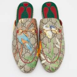 Gucci Grey Canvas Bird Printed Princetown Mules Size 38   