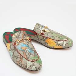 Gucci Grey Canvas Bird Printed Princetown Mules Size 38   