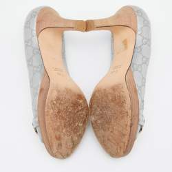 Pre Owned Gucci Grey Leather Guccissima Horsebit Peep Toe Pumps Size 37