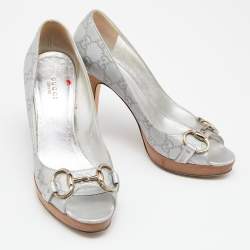 Pre Owned Gucci Grey Leather Guccissima Horsebit Peep Toe Pumps Size 37