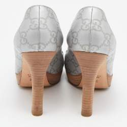 Pre Owned Gucci Grey Leather Guccissima Horsebit Peep Toe Pumps Size 37