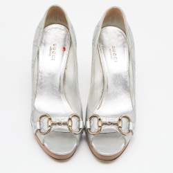 Pre Owned Gucci Grey Leather Guccissima Horsebit Peep Toe Pumps Size 37