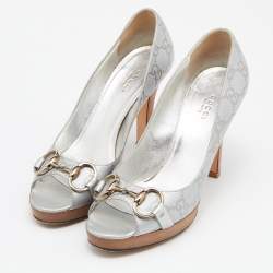 Pre Owned Gucci Grey Leather Guccissima Horsebit Peep Toe Pumps Size 37