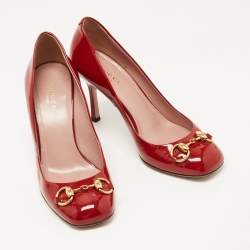 Pre Owned Gucci Red Patent Leather Horsebit Round Toe Pumps Size 37