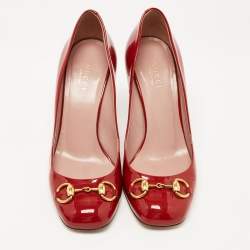 Pre Owned Gucci Red Patent Leather Horsebit Round Toe Pumps Size 37