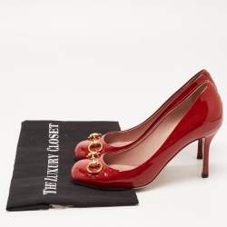 Pre Owned Gucci Red Patent Leather Horsebit Round Toe Pumps Size 37