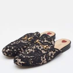 Gucci Black/Beige Satin and Lace Princetown Mules Size 39