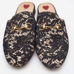Gucci Black/Beige Satin and Lace Princetown Mules Size 39