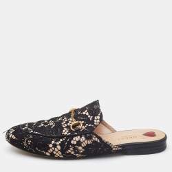 Gucci Black/Beige Satin and Lace Princetown Mules Size 39