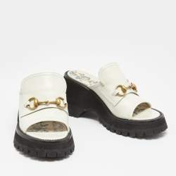 Gucci White Leather Harald Horsebit Platform Slide Sandals Size 38.5