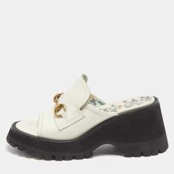 Gucci White Leather Harald Horsebit Platform Slide Sandals Size 38.5