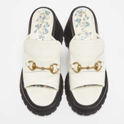 Gucci White Leather Harald Horsebit Platform Slide Sandals Size 38.5