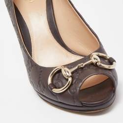 Gucci Dark Brown Guccissima Leather Horsebit Peep-Toe Platform Pumps Size 38.5