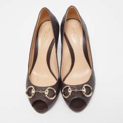 Gucci Dark Brown Guccissima Leather Horsebit Peep-Toe Platform Pumps Size 38.5
