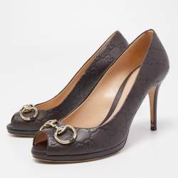 Gucci Dark Brown Guccissima Leather Horsebit Peep-Toe Platform Pumps Size 38.5