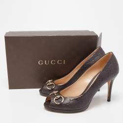 Gucci Dark Brown Guccissima Leather Horsebit Peep-Toe Platform Pumps Size 38.5