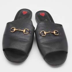 Pre Owned Gucci Black Leather Malaga Kid Flat Slides Size 40