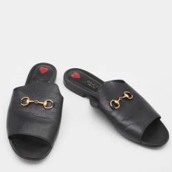 Pre Owned Gucci Black Leather Malaga Kid Flat Slides Size 40