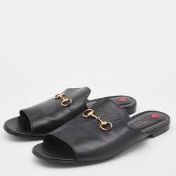 Pre Owned Gucci Black Leather Malaga Kid Flat Slides Size 40