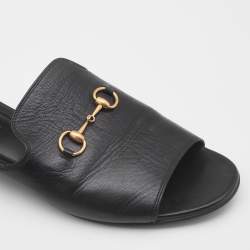 Pre Owned Gucci Black Leather Malaga Kid Flat Slides Size 40