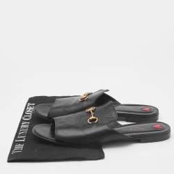 Pre Owned Gucci Black Leather Malaga Kid Flat Slides Size 40