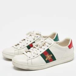 Pre Owned Gucci White Leather Web Detail Bee Embroidered Ace Low Top Sneakers Size 37