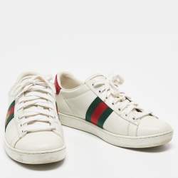 Pre Owned Gucci White Leather Web Detail Bee Embroidered Ace Low Top Sneakers Size 37