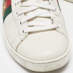 Pre Owned Gucci White Leather Web Detail Bee Embroidered Ace Low Top Sneakers Size 37