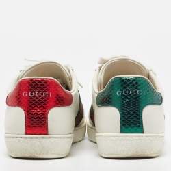 Pre Owned Gucci White Leather Web Detail Bee Embroidered Ace Low Top Sneakers Size 37