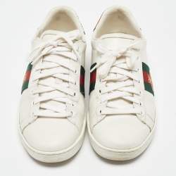 Pre Owned Gucci White Leather Web Detail Bee Embroidered Ace Low Top Sneakers Size 37