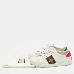 Pre Owned Gucci White Leather Web Detail Bee Embroidered Ace Low Top Sneakers Size 37