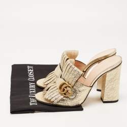 Pre Owned Gucci Gold Crinkled Leather GG Marmont Fringed Slide Sandals Size 39.5