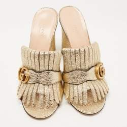 Pre Owned Gucci Gold Crinkled Leather GG Marmont Fringed Slide Sandals Size 39.5