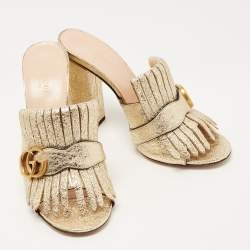 Pre Owned Gucci Gold Crinkled Leather GG Marmont Fringed Slide Sandals Size 39.5