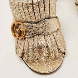 Pre Owned Gucci Gold Crinkled Leather GG Marmont Fringed Slide Sandals Size 39.5